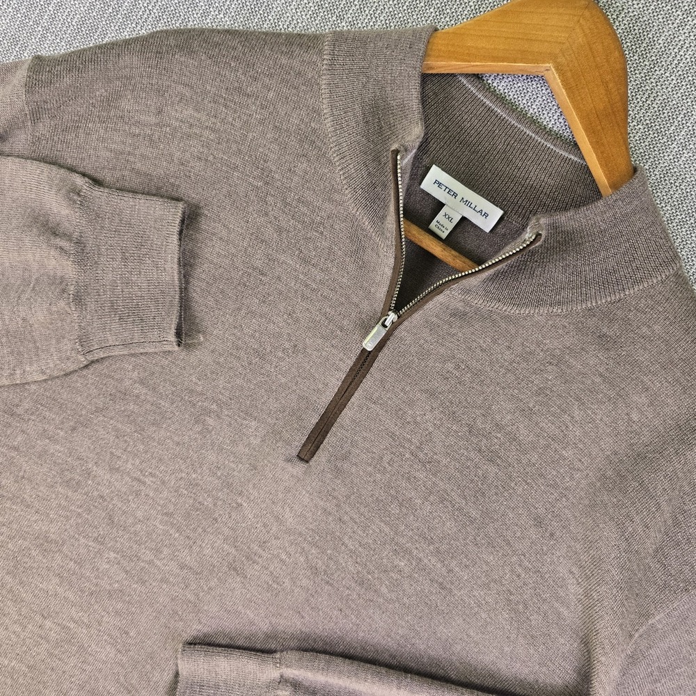 Peter Millar Autumn Crest Suede Trim 1/4 Zip Pullover Sweater Brown Mens XXL